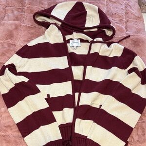Pink Rose Wide-Striped Hooded Cardigan - Burgundy & Cream